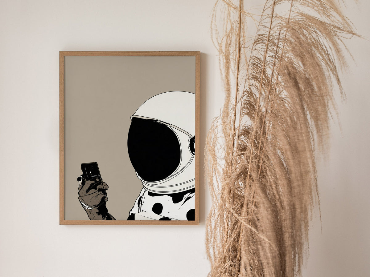Astronaut Claims Shade Poster | Cream and Brown Illustrative Art Print | Fashion Forward Wall Art — styled in an interior