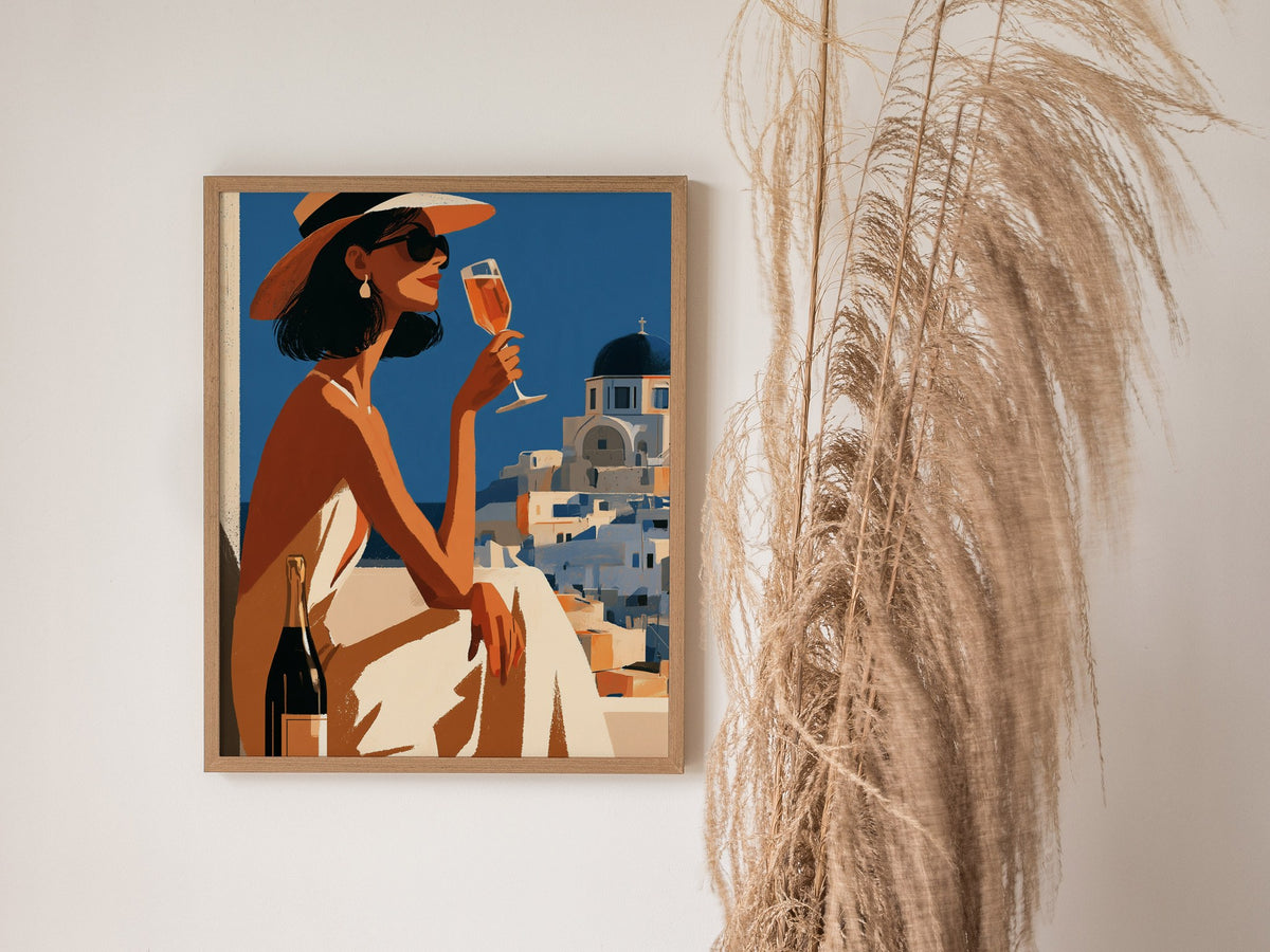 Woman Sips Santorini Poster | Terracotta and Cobalt Illustrative Art Print | Mediterranean Travel Wall Art — styled in an int
