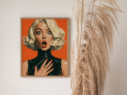 She Just Heard Poster | Orange and Black Illustrative Art Print | Pop Art Wall Art — styled in an interior