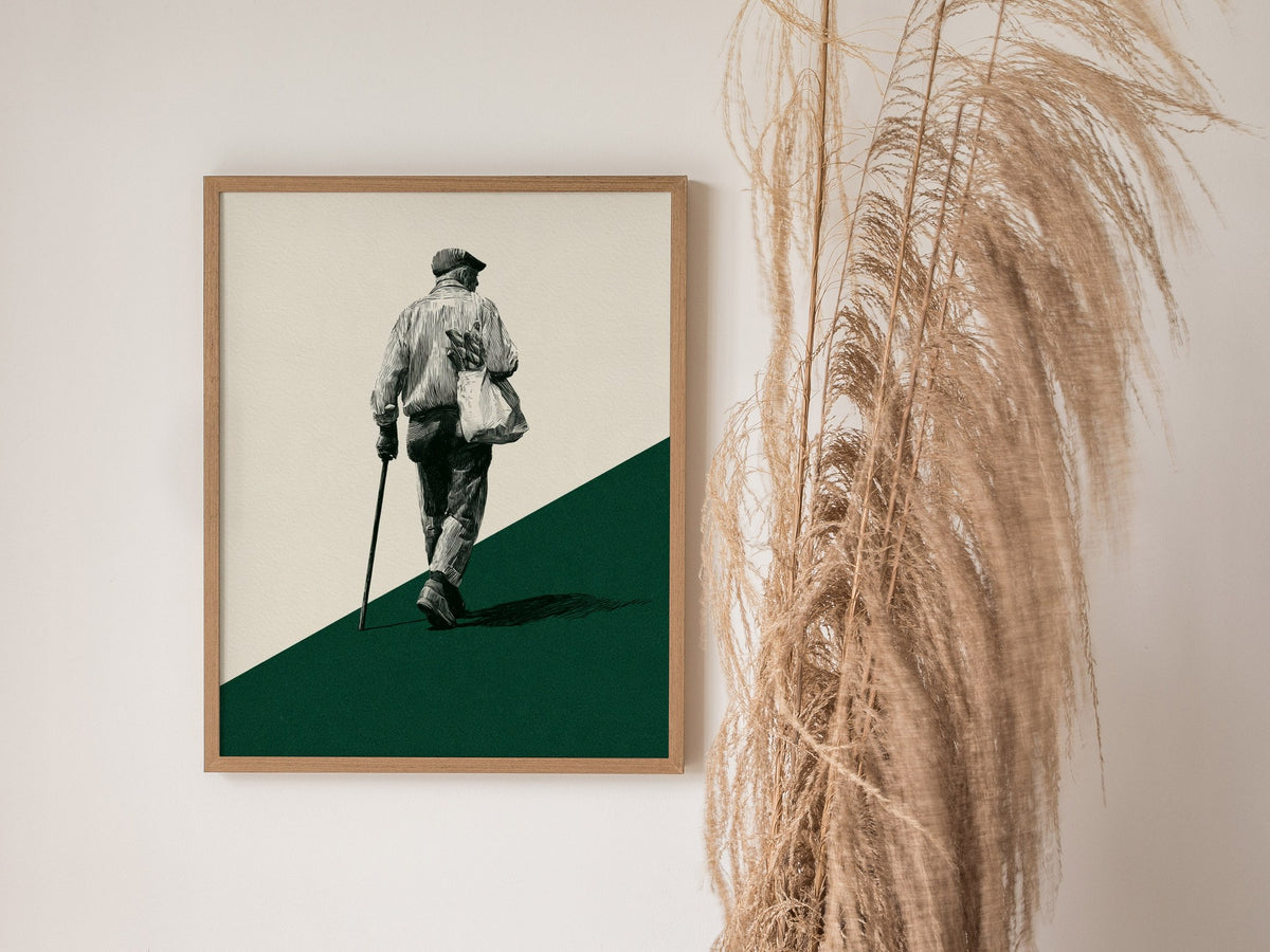 Walking with Bread Poster | Cream and Forest Pen and Ink Art Print | Minimalist Wall Art — styled in an interior