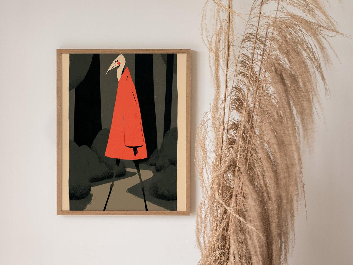 Heron Walks Alone Poster | Coral and Forest Illustrative Art Print | Surreal Wall Art — styled in an interior