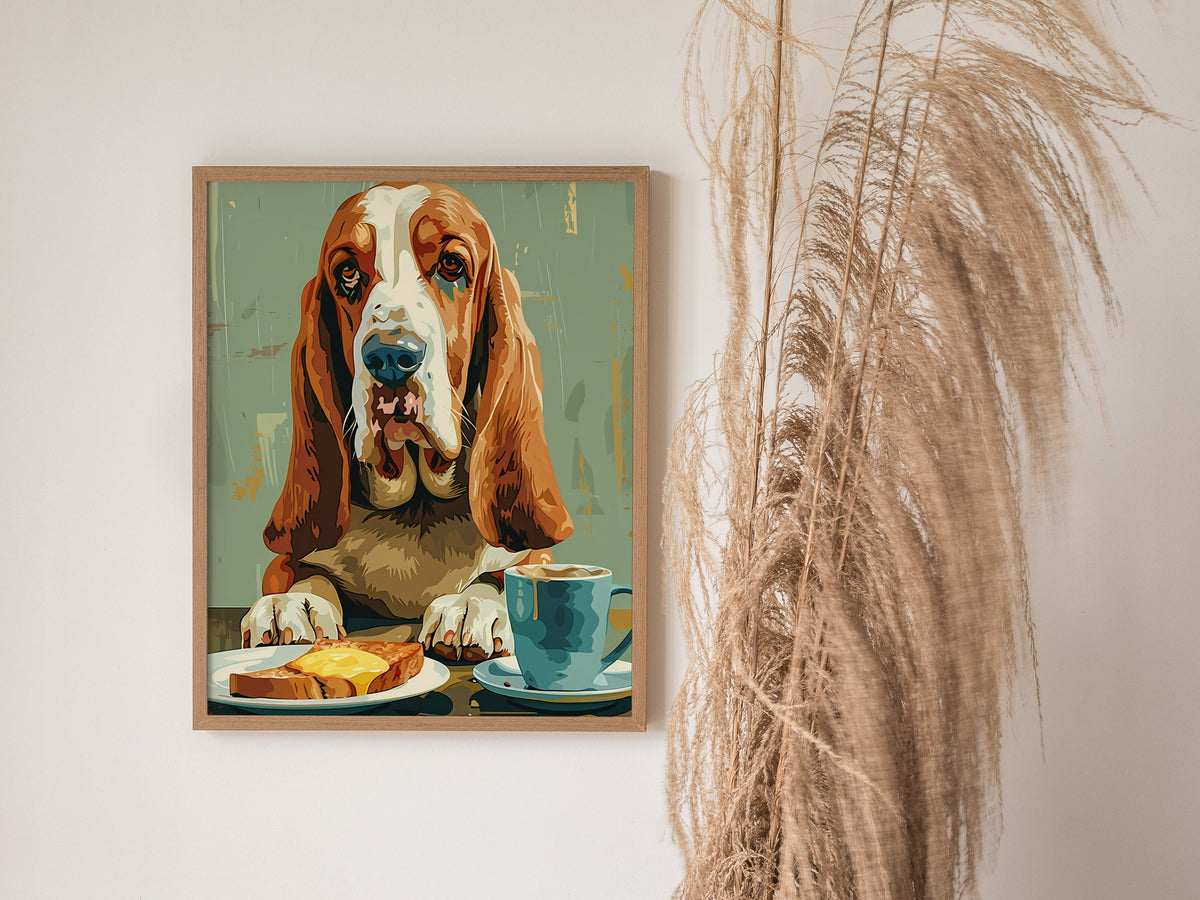 Hound Waits for Toast Poster | Tan and Cobalt Illustrative Art Print | Kitchen Wall Art — styled in an interior