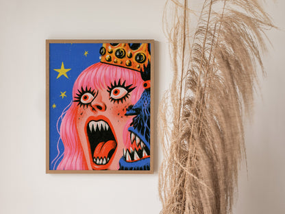 Queen Roars Back Poster | Jewel and Gold Illustrative Art Print | Dark Fantasy Wall Art — styled in an interior