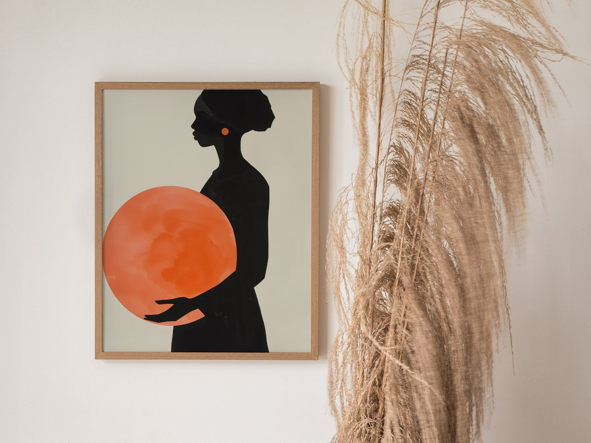 Woman with Orange Sphere Poster | Coral and Black Minimalism Art Print | Minimalist Wall Art — styled in an interior