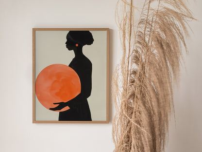 Woman with Orange Sphere Poster | Coral and Black Minimalism Art Print | Minimalist Wall Art — styled in an interior
