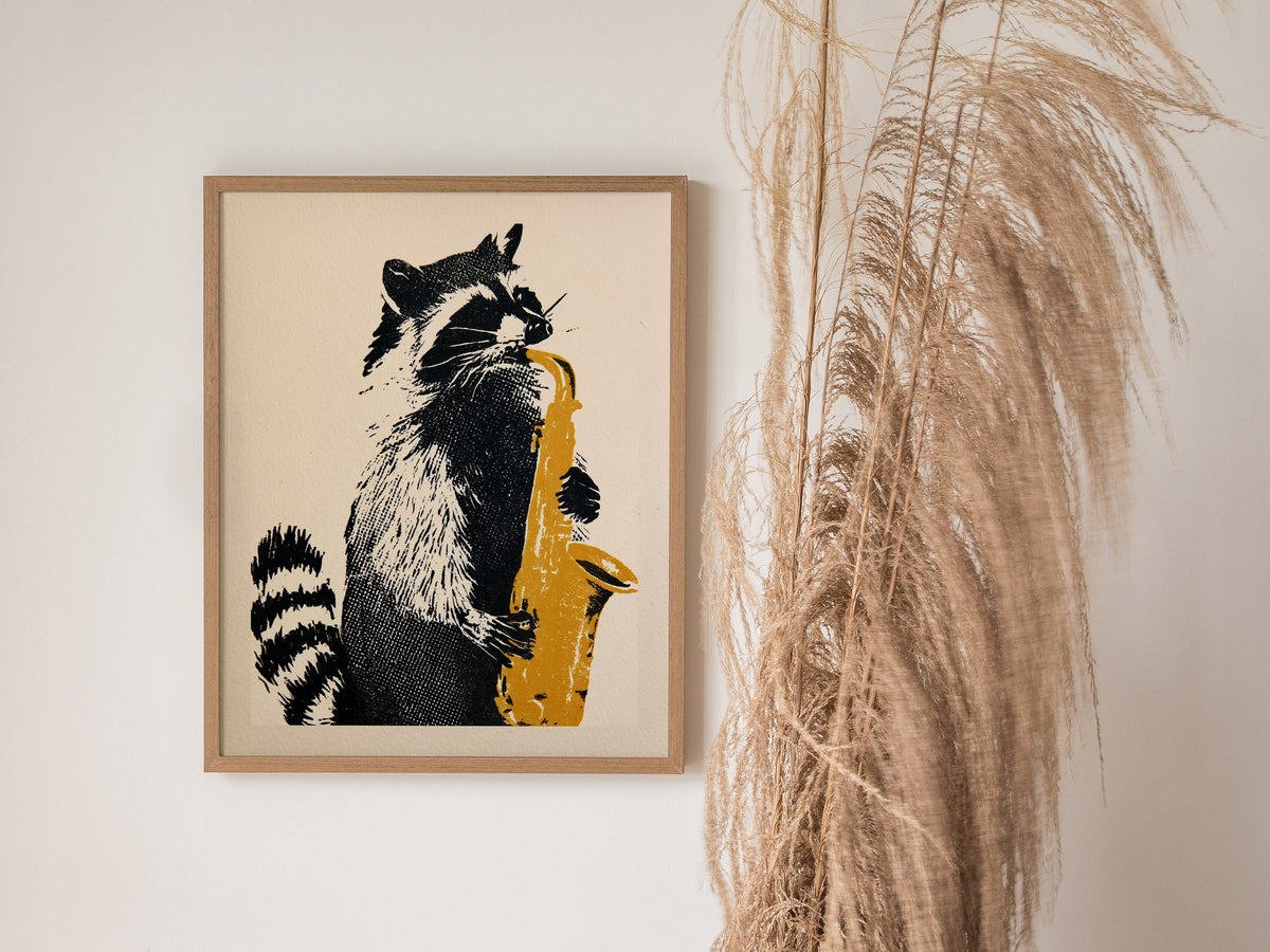 Raccoon Plays Saxophone Poster | Black and Yellow Screen Print Art Print | Music Lover Wall Art — styled in an interior