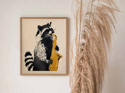 Raccoon Plays Saxophone Poster | Black and Yellow Screen Print Art Print | Music Lover Wall Art — styled in an interior