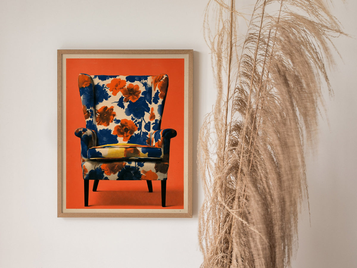 Armchair Blooms Poster | Cobalt and Coral Screen Print Art Print | Mid-Century Wall Art — styled in an interior