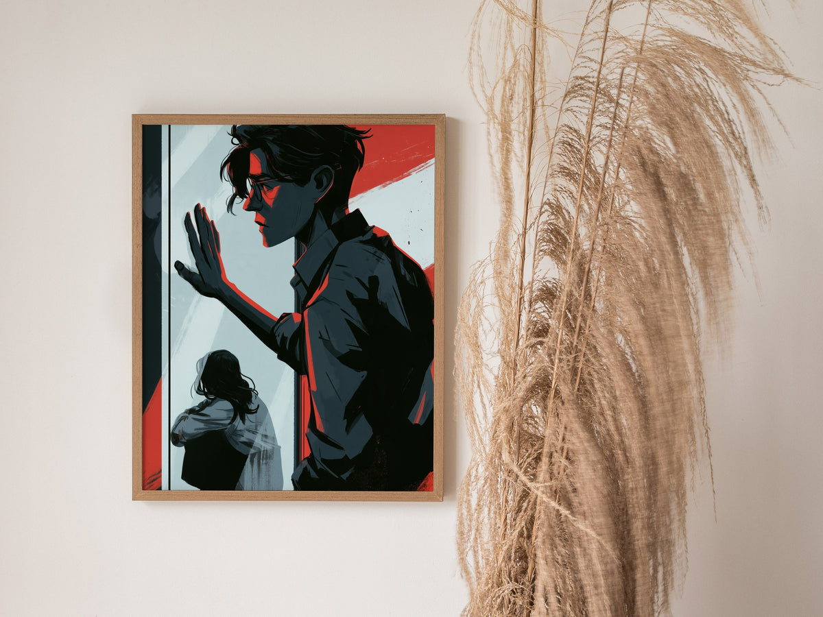 glass-divide Poster | Amber and Teal Illustrative Art Print | Dark Academia Wall Art — styled in an interior
