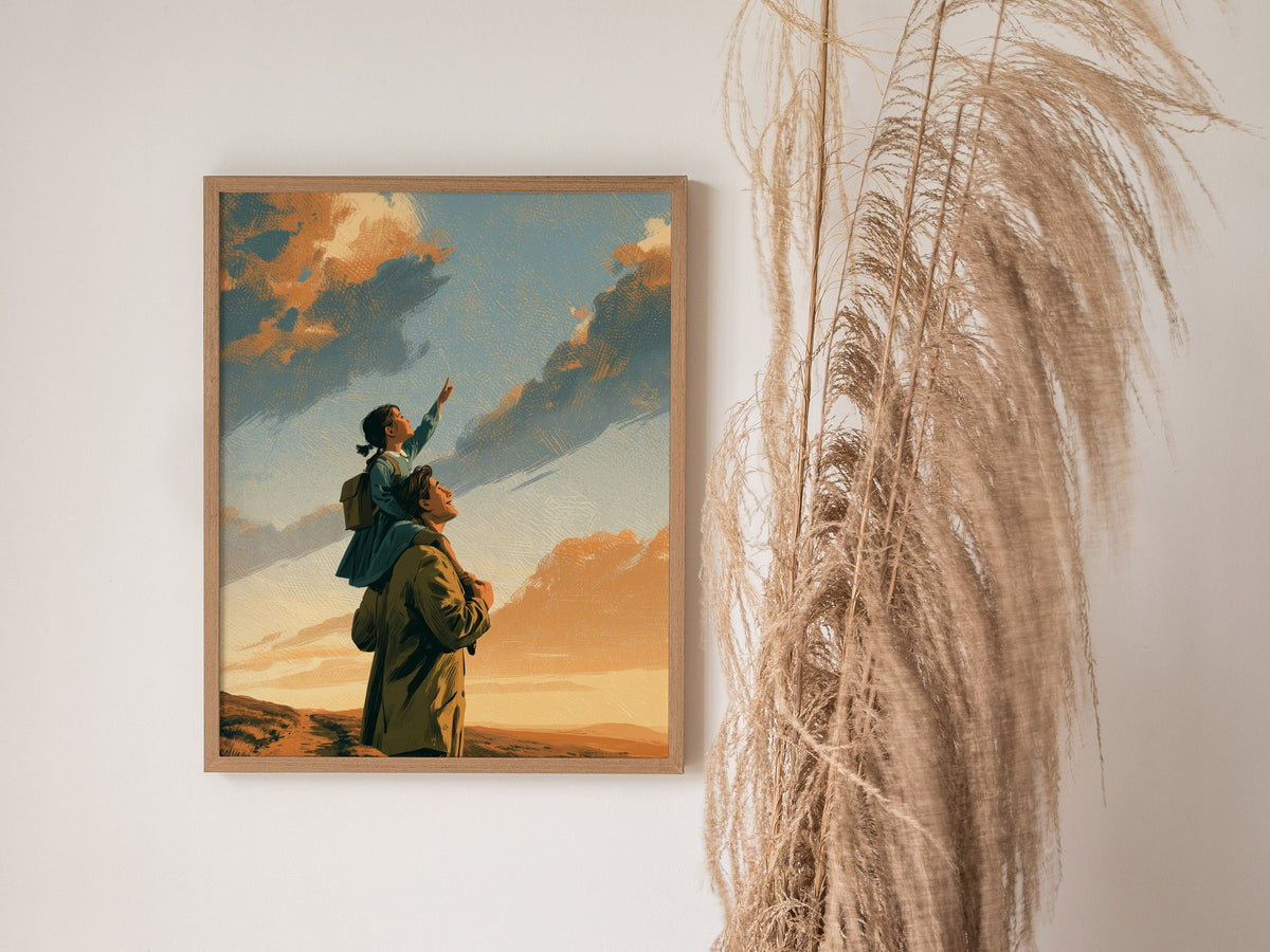 Shoulders Toward Sky Poster | Golden Orange Illustrative Art Print | Family Wall Art — styled in an interior