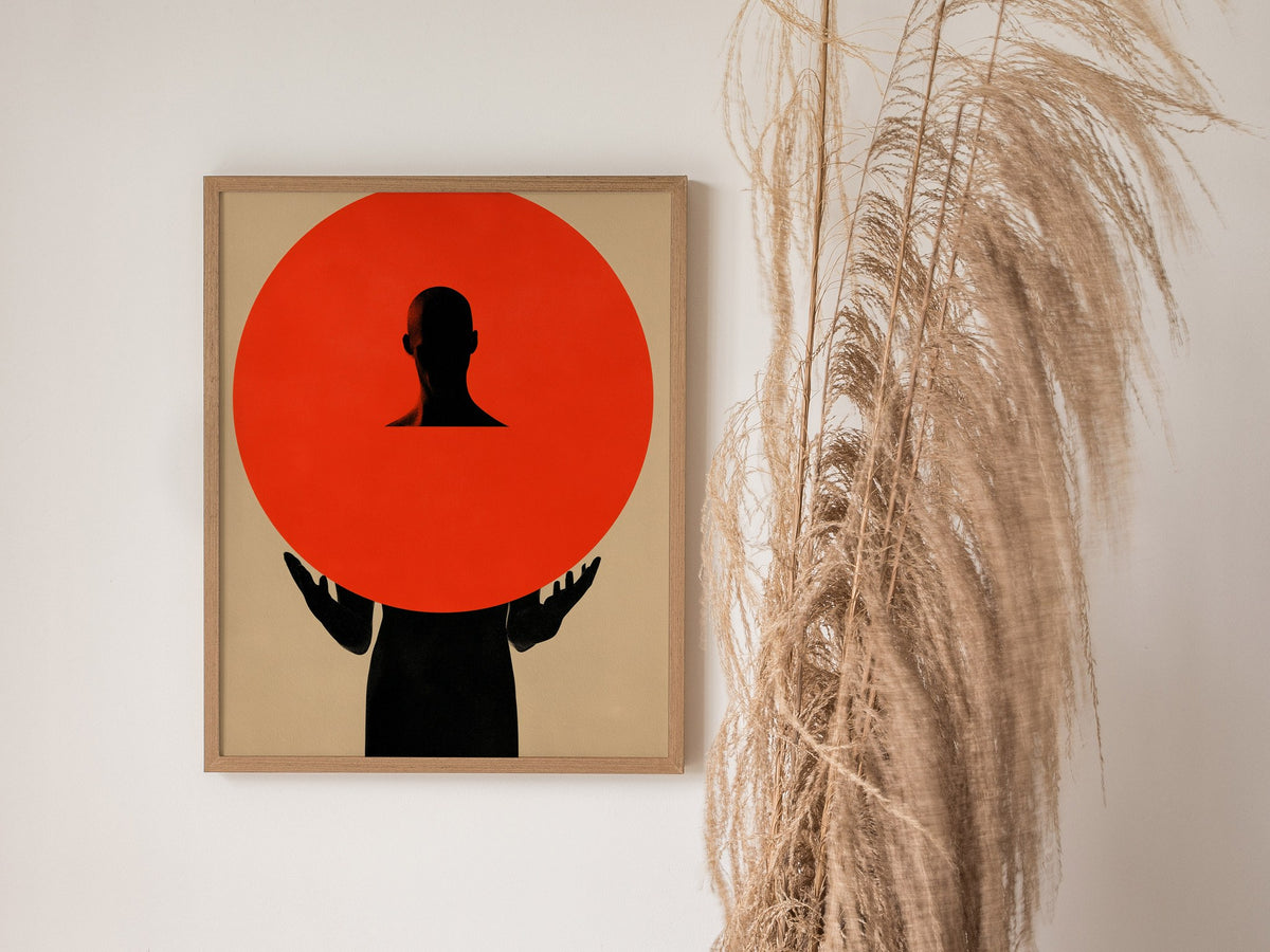 Figure Holding Geometry Poster | Coral and Black Minimalism Art Print | Minimalist Wall Art — styled in an interior