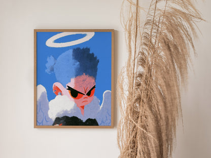 Fallen Angel Scowls Poster | Periwinkle and Orange Screen Print Art Print | Dark Fantasy Wall Art — styled in an interior