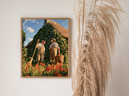 Gardeners Compare Notes Poster | Cream and Poppy Low Poly Art Print | Cottagecore Wall Art — styled in an interior