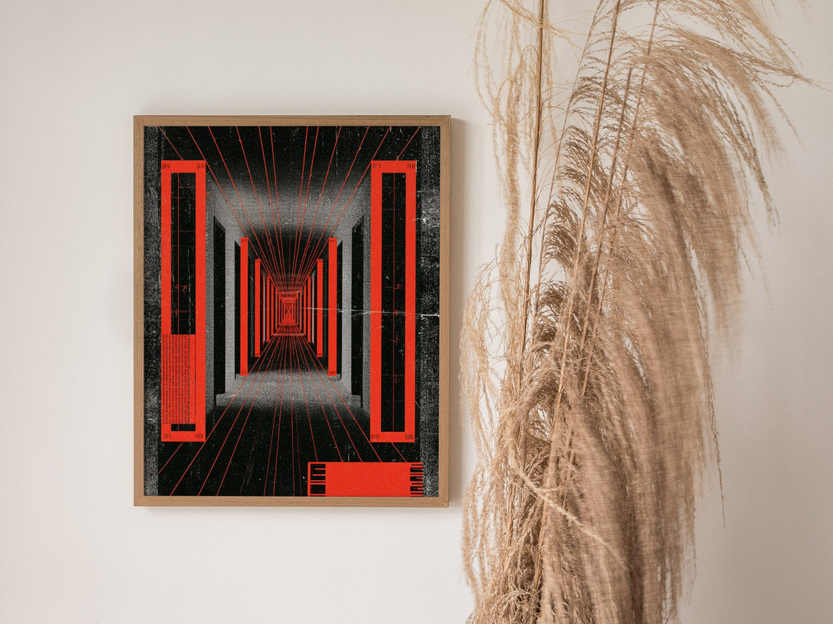 Corridor Radiates Red Poster | Red and Black Screen Print Art Print | Brutalist Wall Art — styled in an interior