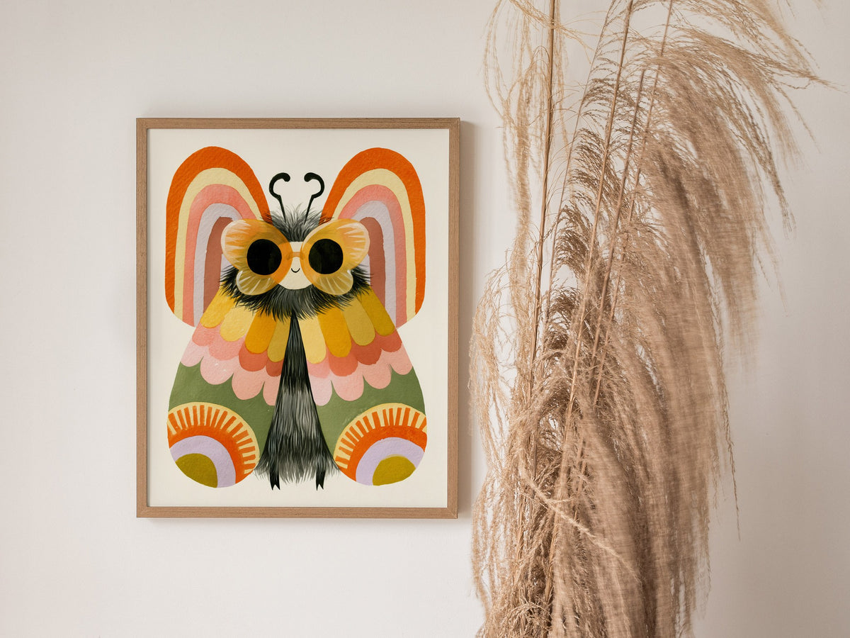 Moth Owns Rainbows Poster | Orange and Pink Illustrative Art Print | Kids Room Wall Art — styled in an interior
