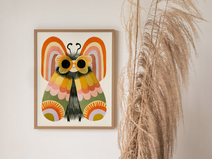 Moth Owns Rainbows Poster | Orange and Pink Illustrative Art Print | Kids Room Wall Art — styled in an interior