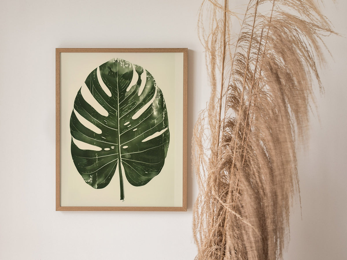 Monstera Leaf Grid Poster | Forest Green Screen Print Art Print | Botanical Wall Art — styled in an interior