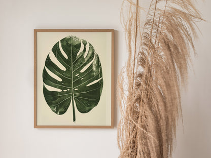 Monstera Leaf Grid Poster | Forest Green Screen Print Art Print | Botanical Wall Art — styled in an interior