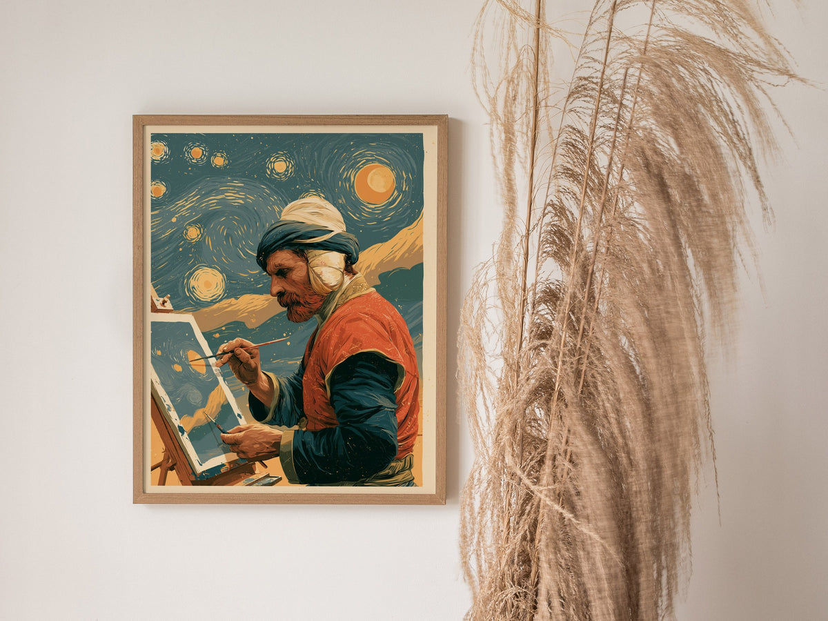 Van Gogh Paints Stars Poster | Teal and Amber Illustrative Art Print | Art History Wall Art — styled in an interior