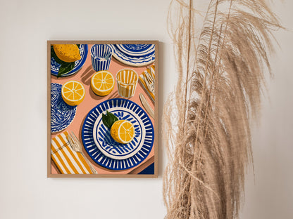 Lemon Table Poster | Cobalt and Ochre Illustrative Art Print | Kitchen Wall Art — styled in an interior