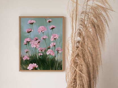 Thrift Blooms Sage Poster | Pink and Sage Oil Painting Art Print | Cottagecore Wall Art — styled in an interior