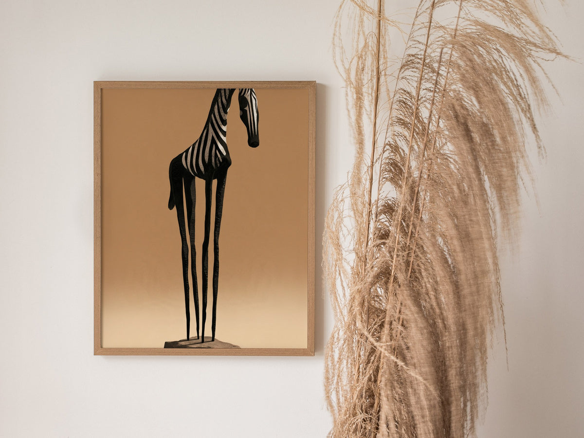 Iron Zebra Stands Poster | Black and Tan Illustrative Art Print | Minimalist Wall Art — styled in an interior