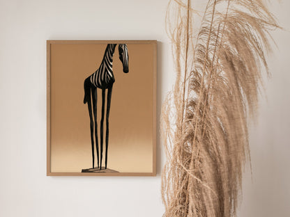Iron Zebra Stands Poster | Black and Tan Illustrative Art Print | Minimalist Wall Art — styled in an interior