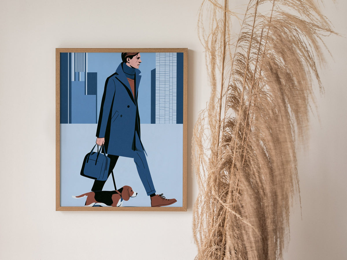 Man Walks Spring Poster | Coral and Pink Illustrative Art Print | Fashion Modern Wall Art — styled in an interior