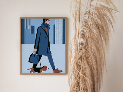 Man Walks Spring Poster | Coral and Pink Illustrative Art Print | Fashion Modern Wall Art — styled in an interior