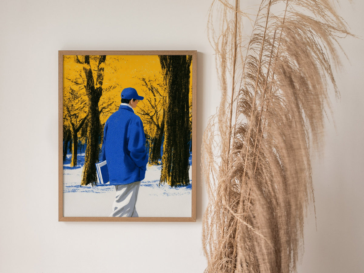 Reader Walks Blue Poster | Cobalt and Green Illustrative Art Print | Book Lovers Wall Art — styled in an interior