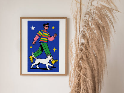 hero-and-cat Poster | Warm Ochre Illustrative Art Print | Kids Room Wall Art — styled in an interior