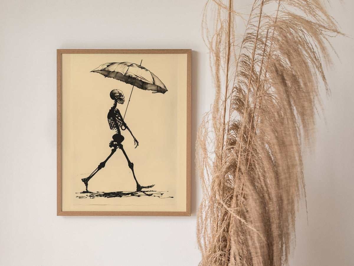 Skeleton with Umbrella Poster | Black and Cream Pen and Ink Art Print | Dark Humor Wall Art — styled in an interior