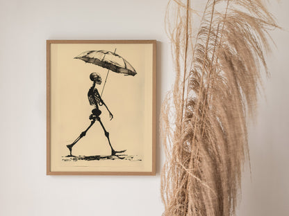 Skeleton with Umbrella Poster | Black and Cream Pen and Ink Art Print | Dark Humor Wall Art — styled in an interior