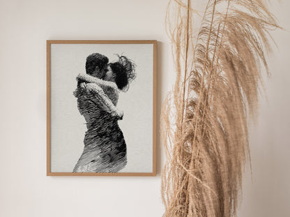 Lovers Almost Kiss Poster | Black and Cream Pen and Ink Art Print | Romantic Wall Art — styled in an interior