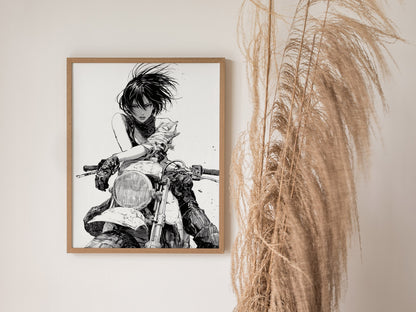 Rider Cuts Wind Poster | Black and White Pen and Ink Art Print | Moto Wall Art — styled in an interior