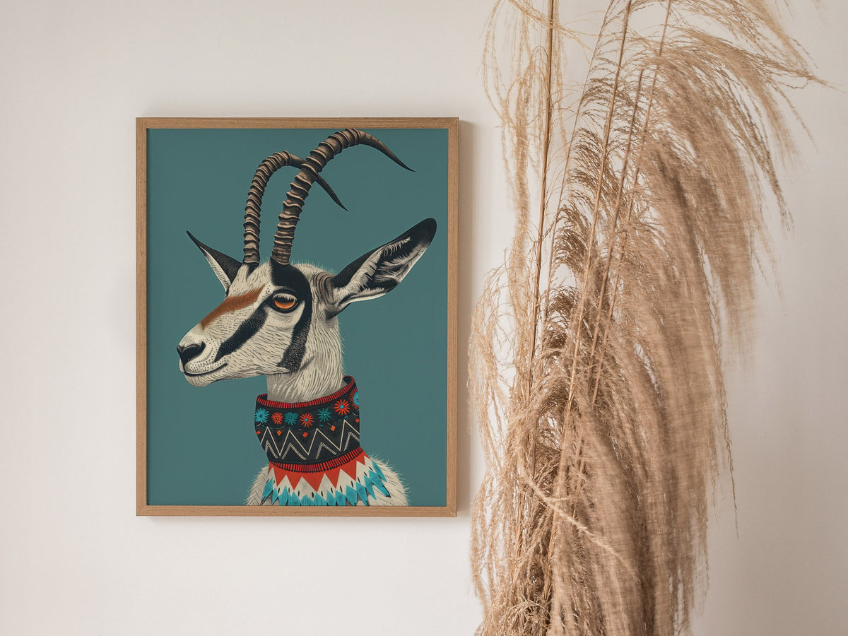 Gazelle Wears Collar Poster | Teal and Gray Illustrative Art Print | Modern Minimalist Wall Art — styled in an interior