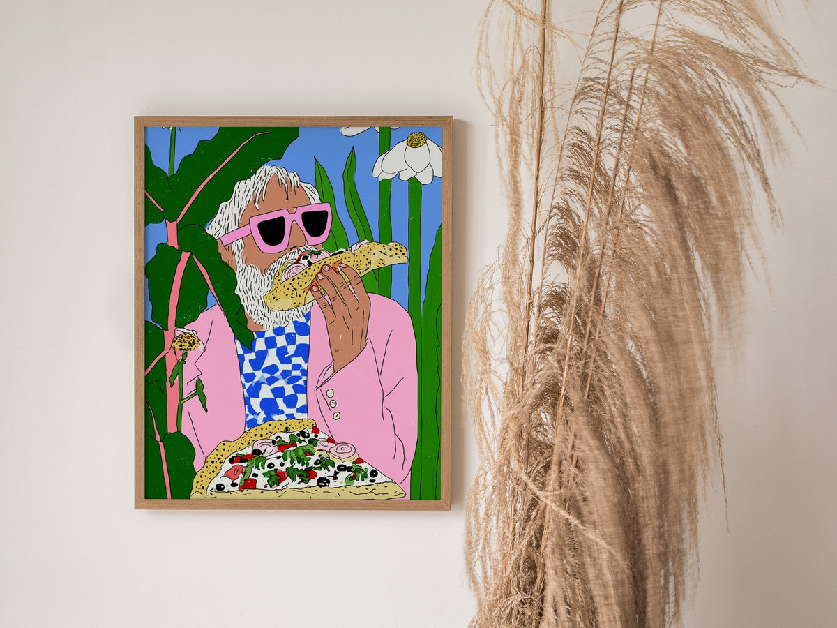 Pizza Garden Poster | Pink and Sky Illustrative Art Print | Surreal Kitchen Wall Art — styled in an interior