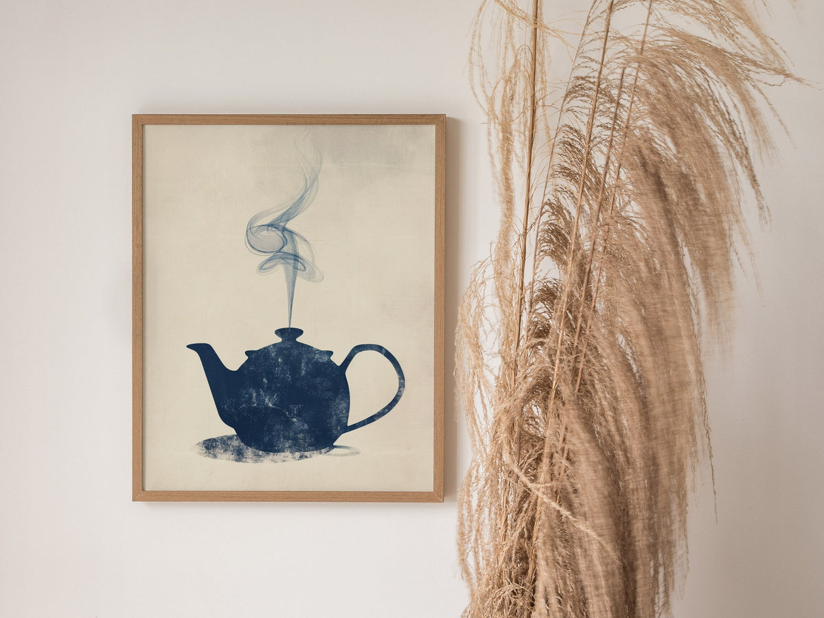 Kettle Steam Poster | Navy and Cream Minimalism Art Print | Kitchen Wall Art — styled in an interior
