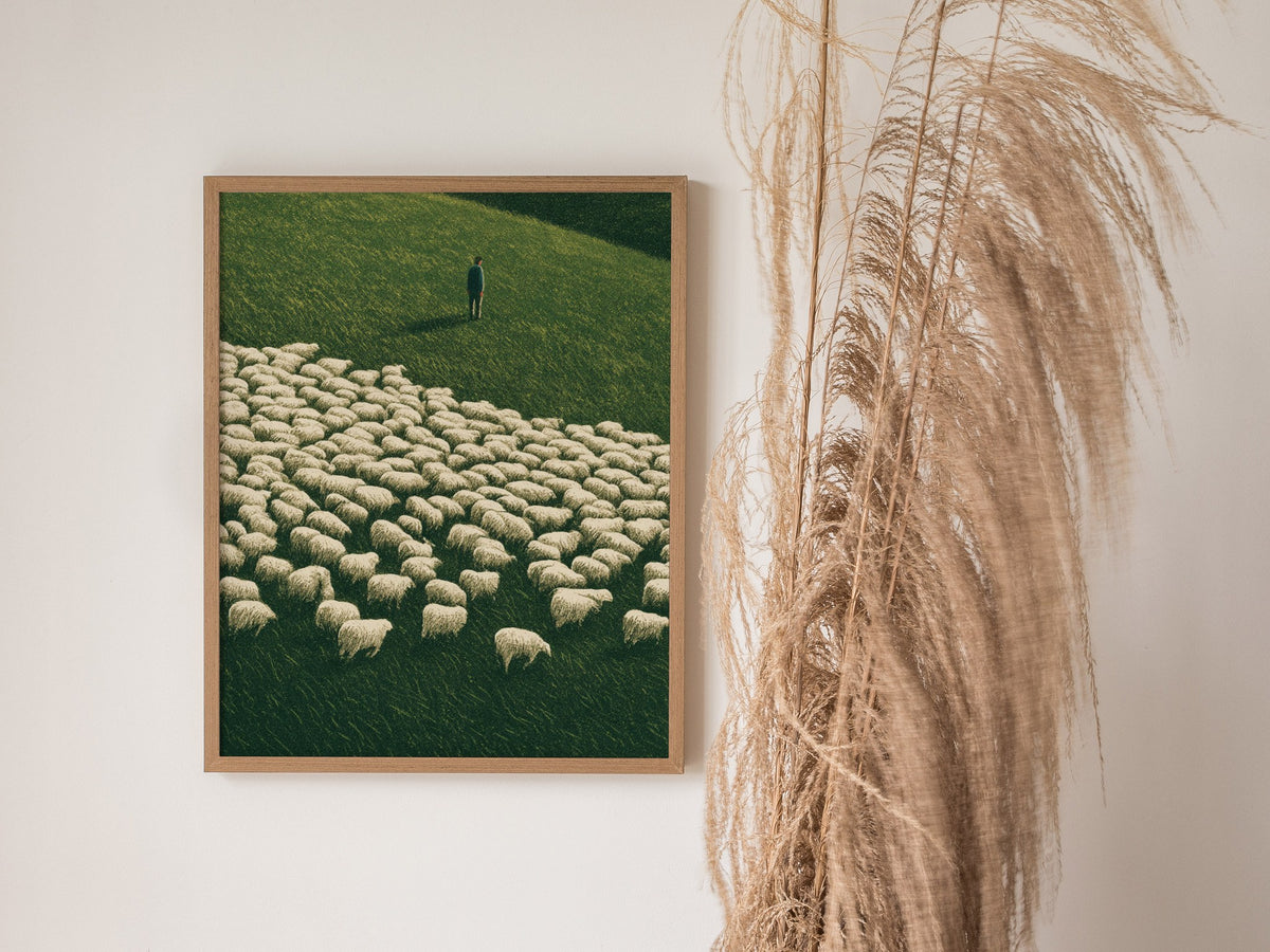 Shepherd Counts Flock Poster | Green and Cream Illustrative Art Print | Cottagecore Wall Art — styled in an interior