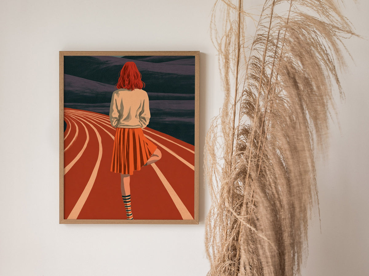Athlete Reaches Skyward Poster | Rust and Orange Illustrative Art Print | Athletes Wall Art — styled in an interior
