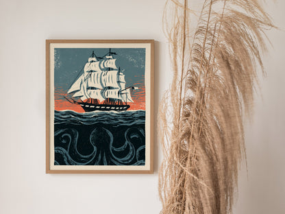 Kraken Under Sail Poster | Teal and Cream Illustrative Art Print | Nautical Folk Art Wall Art — styled in an interior