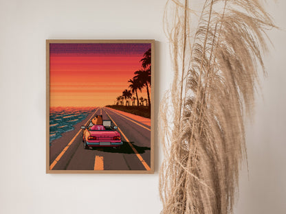 Capybara Drives Sunset Poster | Coral and Purple Pixel Art Print | Retro Gaming Wall Art — styled in an interior
