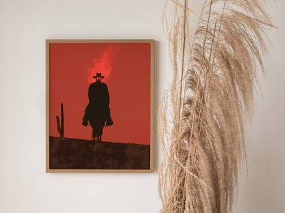 Burning Rider Poster | Coral and Slate Screen Print Art Print | Western Wall Art — styled in an interior