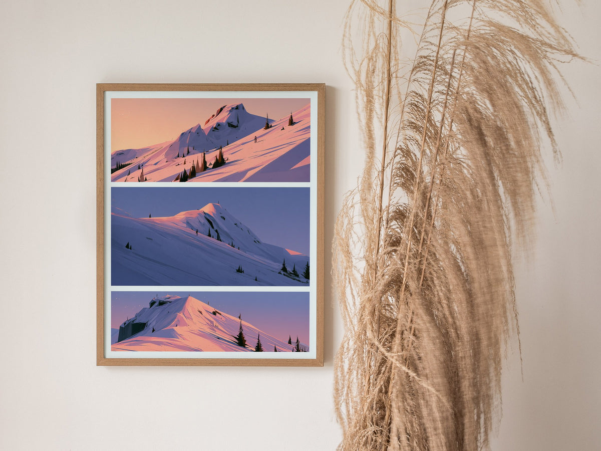 Mountain Waits Dusk Poster | Peach and Lavender Illustrative Art Print | Alpine Minimalist Wall Art — styled in an interior
