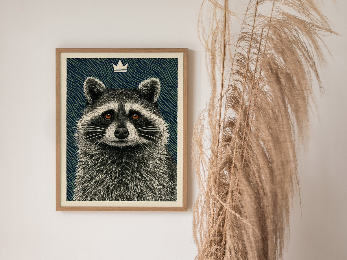 Raccoon Rules Stars Poster | Navy and Green Pen and Ink Art Print | Dark Academia Wall Art — styled in an interior