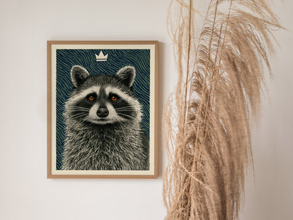 Raccoon Rules Stars Poster | Navy and Green Pen and Ink Art Print | Dark Academia Wall Art — styled in an interior