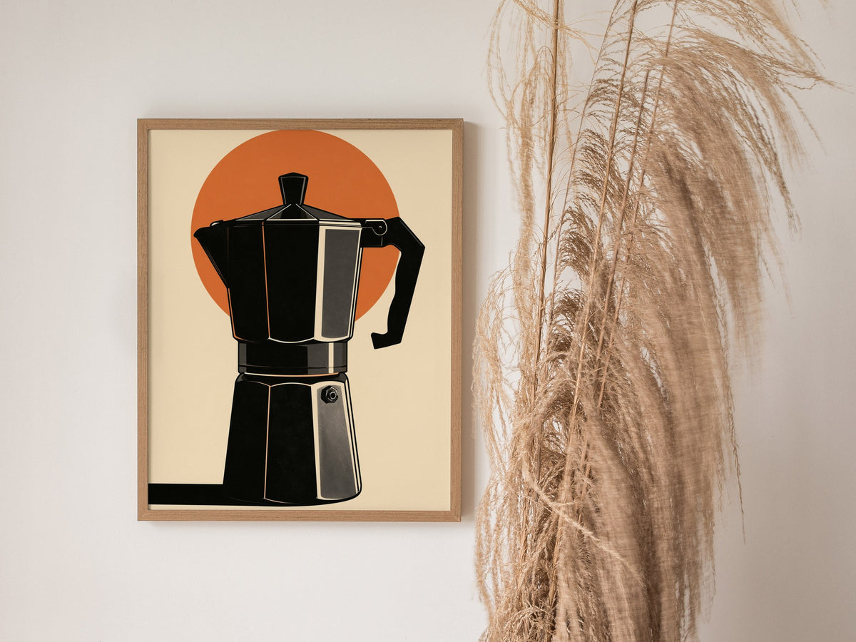 Espresso Machine Icon Poster | Burnt Orange Minimalism Art Print | Kitchen Wall Art — styled in an interior