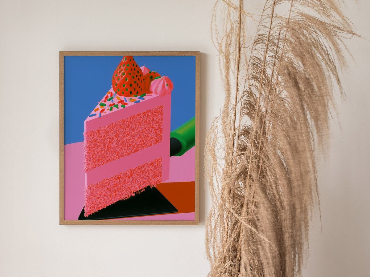 Frosted Layer Cake Poster | Pink and Cobalt Illustrative Art Print | Kitchen Wall Art — styled in an interior