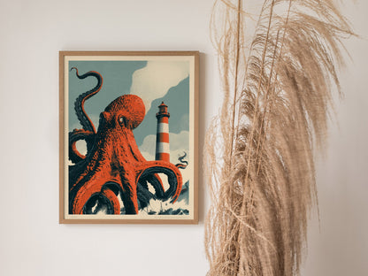 Octopus Finds Paradise Poster | Pink and Blue Screen Print Art Print | Retro Futurism Wall Art — styled in an interior