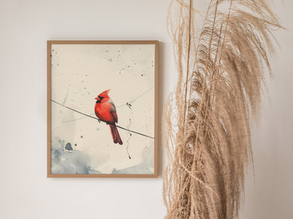 Cardinal on Wire Poster | Crimson and Grey Japanese Watercolor Art Print | Minimalist Wall Art — styled in an interior